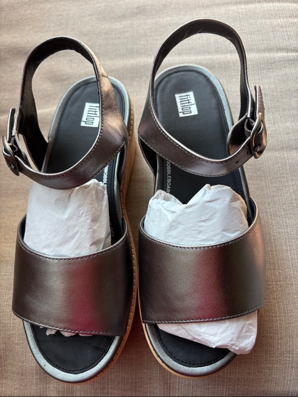 FitFlop Eloise Wedge Sandals Womens‎ Sz 8 39 Pewter Metallic Leather Platform